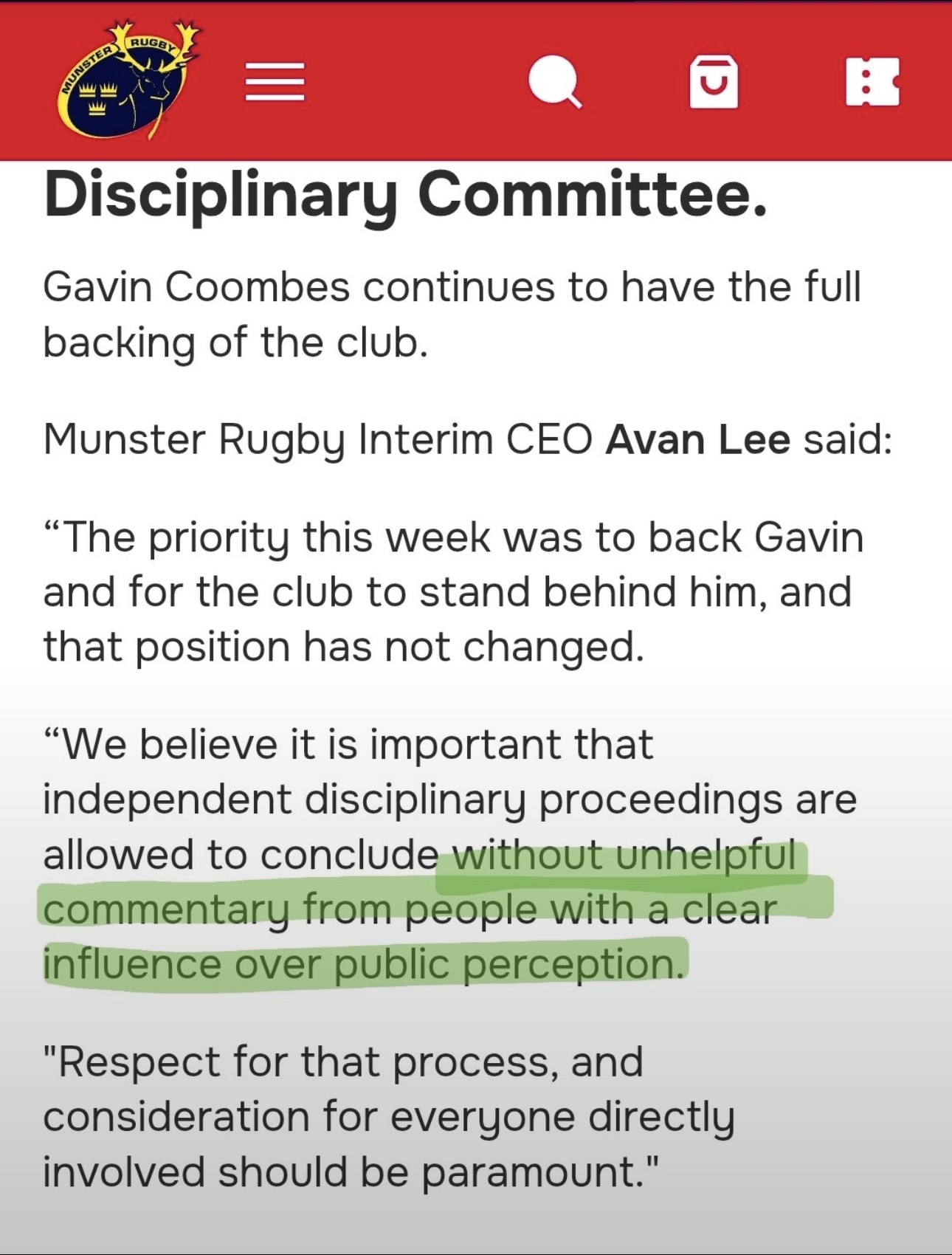 Munster Rugby statement quoting interim CEO Avan Lee