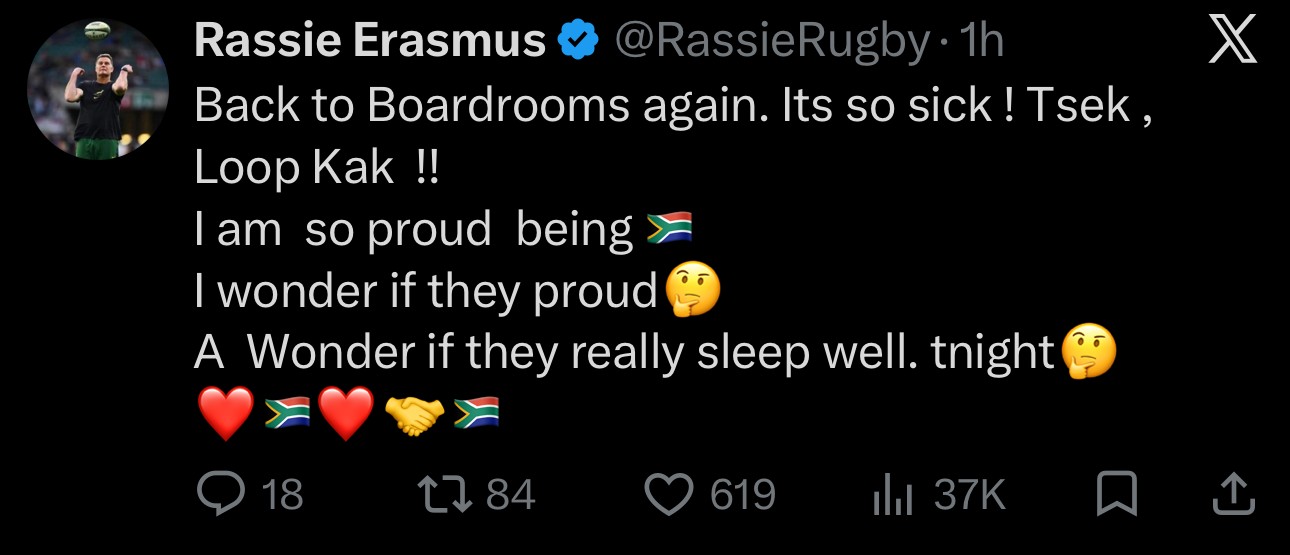 Rassie Erasmus post on X: Back to Boardrooms again