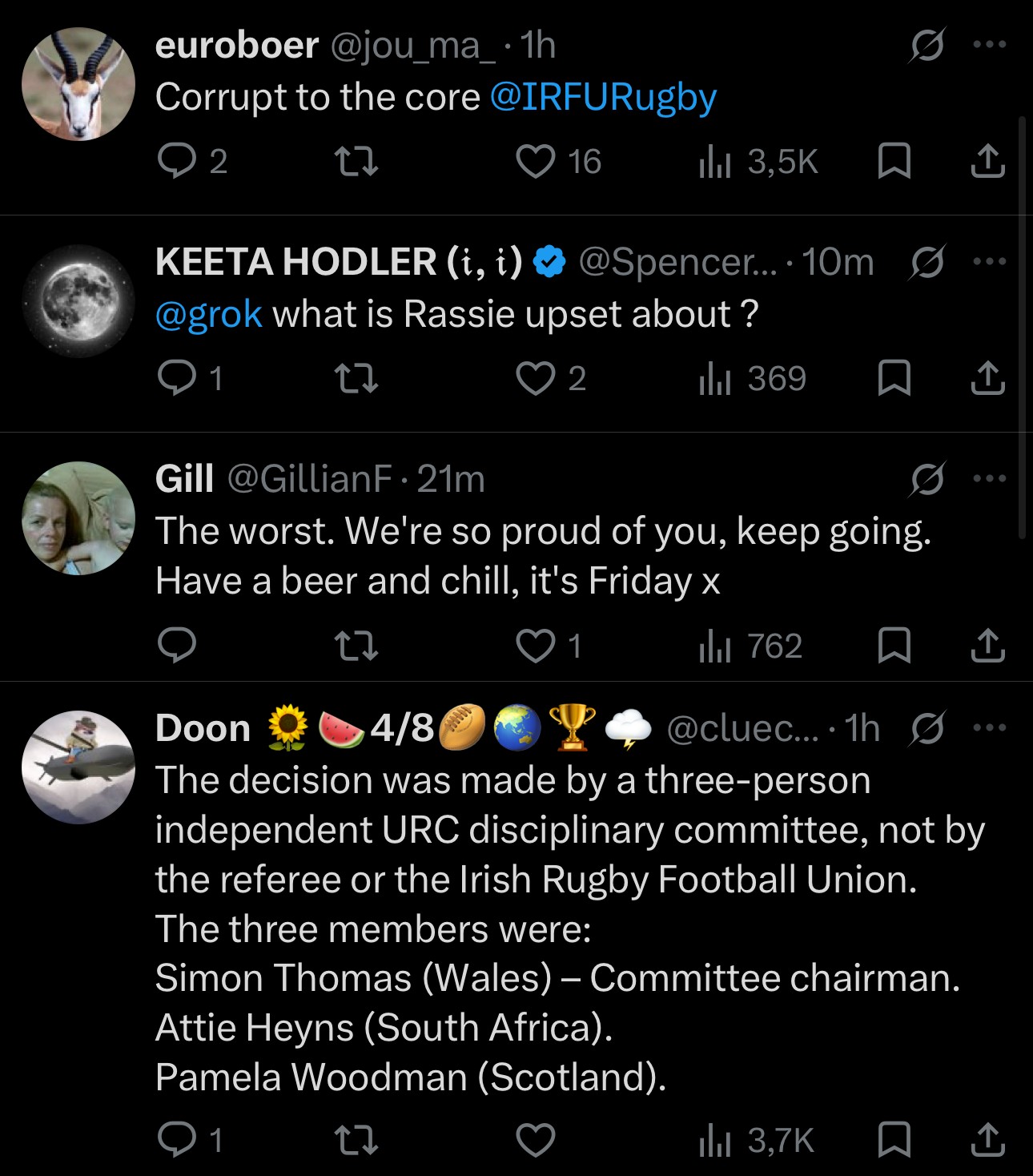 Replies on X including euroboer, Gill and Doon