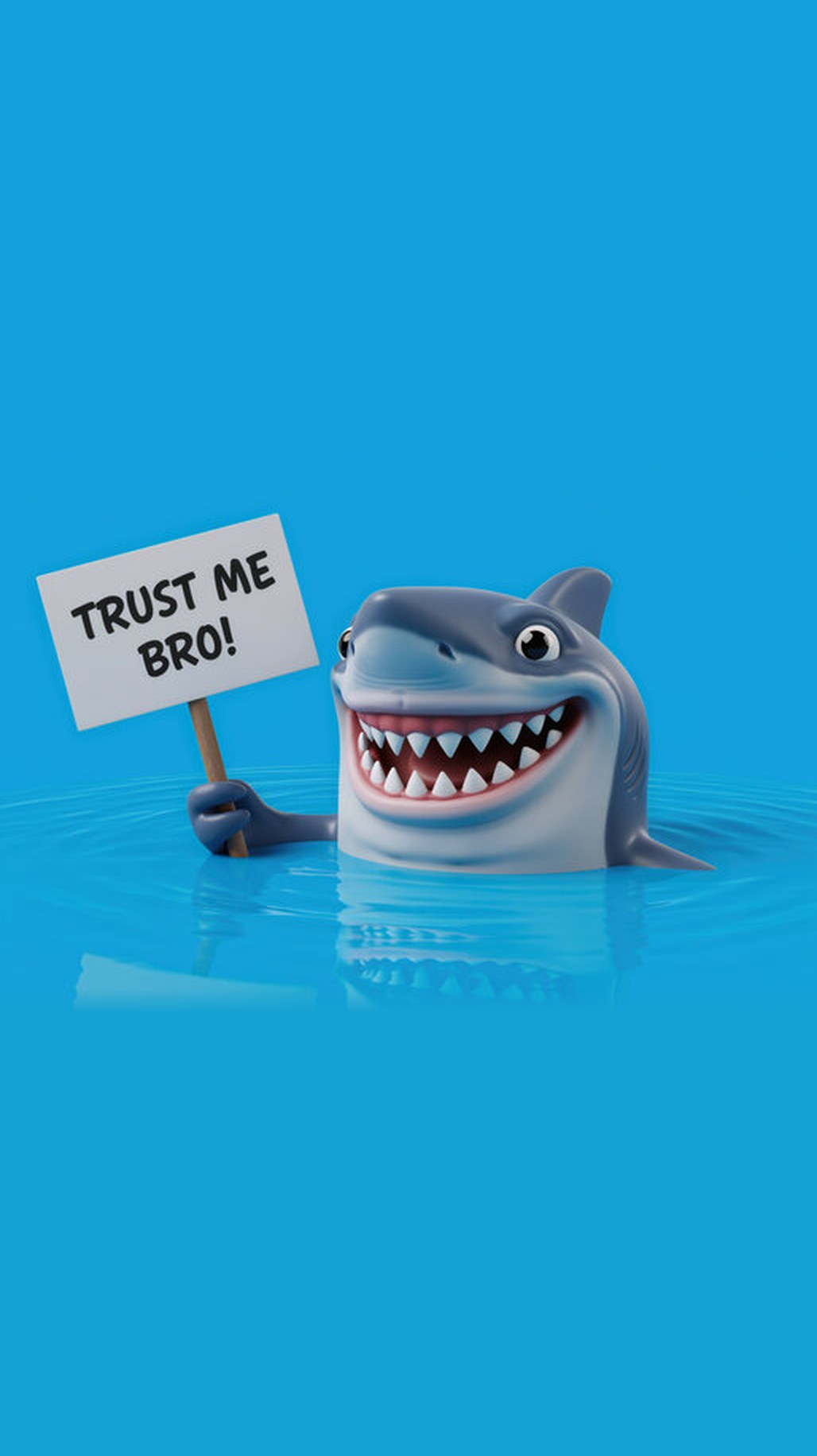 Cartoon shark holding a Trust me bro sign